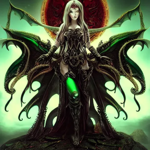 Image similar to enchanting feminine cthulhu goddess with timeless beauty, breathtaking glowing eyes & huge dragon wings, dressed for battle in black leather and gold armour, a glowing green plasma sword in her hand, red moon rising in behind her with many tentacles protruding from the shadow that frame the image, DSLR, HDR, 8k resolution, biblical art, mana art, unbeatable coherency, highly intricate digital art, incomprehensible and perspicious detail, unbeatable quality, silent hill aesthetic, lifelike, DSLR, HDR, 8k, unbeatable coherency, HP Lovecraft, by Reivash & AyyaSAP on deviantart