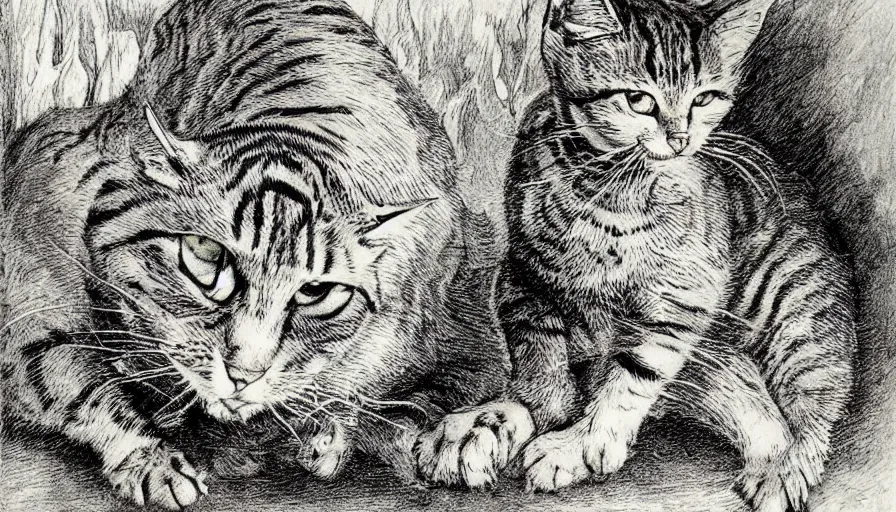 Prompt: bernie wrightson tabby cat morphed with alligator swimming pool sepia tone