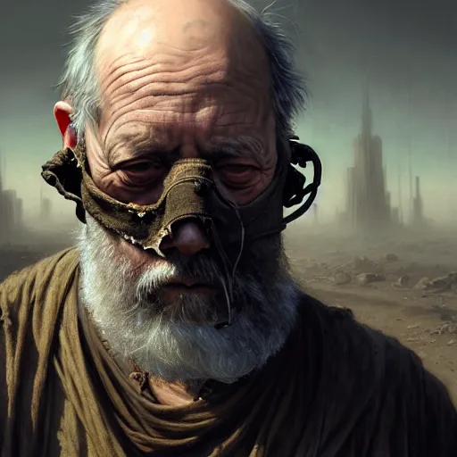 Prompt: portrait painting of a post - apocalyptic older american man blindfolded and wearing ruined monk garbs, ultra realistic, concept art, intricate details, eerie, highly detailed, photorealistic, octane render, 8 k, unreal engine. art by artgerm and greg rutkowski and charlie bowater and magali villeneuve and alphonse mucha