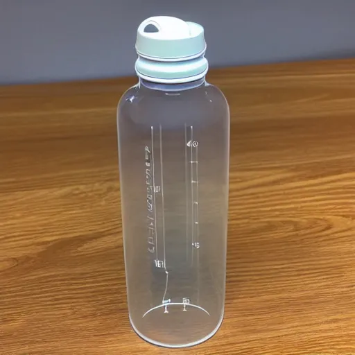 Prompt: A transparent 500ml water bottle filled with water up to half the total volume. It has a metal lid and a metal bottom part. It has a small carrier strap on top.