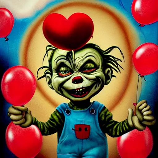 Prompt: grunge cartoon landscape painting of chucky with a wide smile and a red balloon by chris leib, loony toons style, pennywise style, horror theme, detailed, elegant, intricate