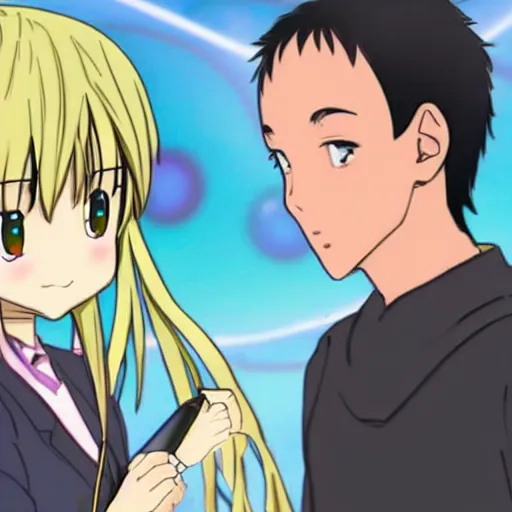 Image similar to anime girl explaining Sheldon how string theory works