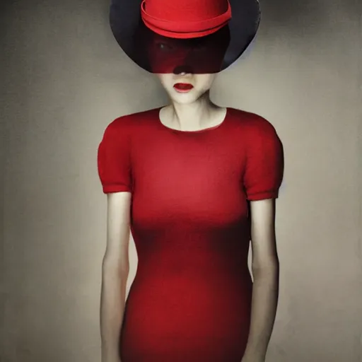 Image similar to half - length portrait of girl in a red hat and black dress, fine art portrait photography by paolo roversi, volumetric lighting, very detailed, high resolution,