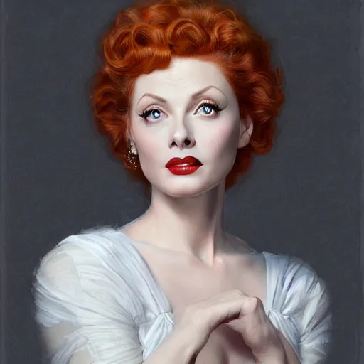 Image similar to beautiful striking Pre-Raphaelite Lucille Ball by Artgerm and Greg Rutkowski, pale, intricate, elegant, highly detailed, digital painting