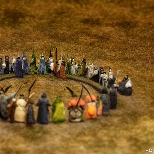 Image similar to needle felt action shot of the council of the ring, lotr, dramatic lighting, creepy, dslr, tilt shift, extremely textured, realistic hyper detailed