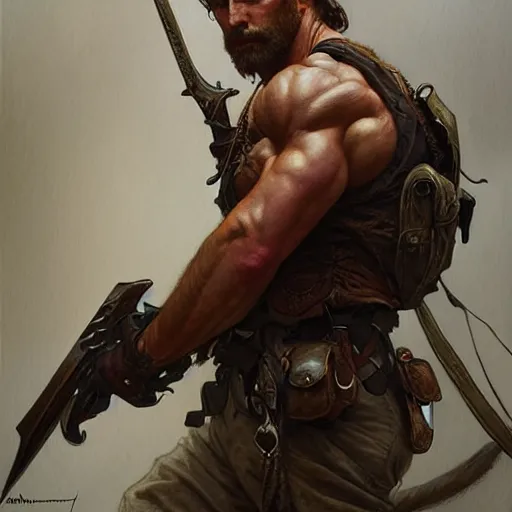 Image similar to portrait of a rugged ranger, muscular, upper body, blood, D&D, fantasy, intricate, elegant, highly detailed, digital painting, artstation, concept art, smooth, sharp focus, illustration, art by artgerm and greg rutkowski and alphonse mucha
