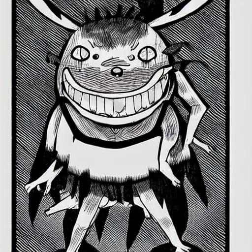 Prompt: junji ito pikachu, horror manga illustration, electric rodent
