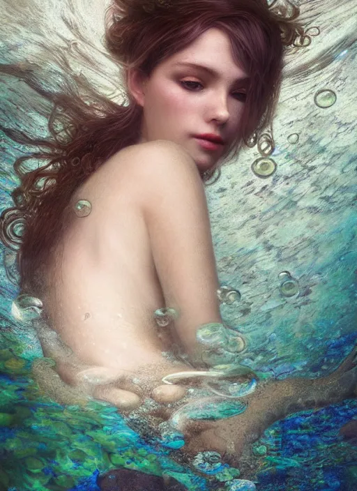 Image similar to hyper realist matte digital painting of a beautiful woman, beautiful face, underwater photography, full body, jugendstill, floating in water, flowing gown, bubbles rising, seaweed, headspace, fairytale, fantasy art, photo realistic, dynamic lighting, artstation, volumetric lighting, by mucha, by charlie bowater, by karol bak, by alma tadema