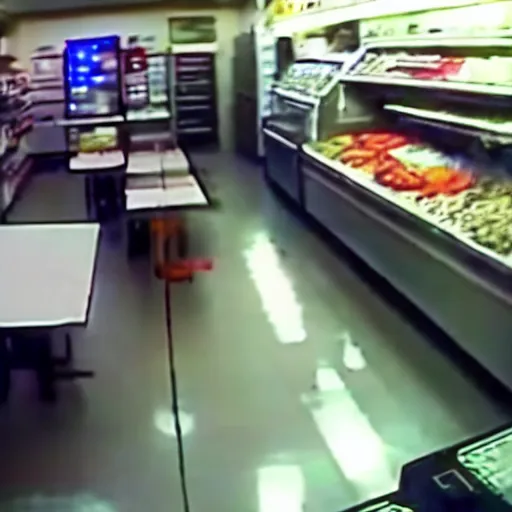 Image similar to cctv footage of a lightsaber fight inside a deli, security cam footage