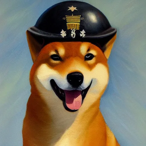 Image similar to A painting of a Shiba Inu dog wearing a soldier's helmet