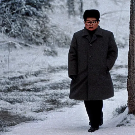 Image similar to filmstill of Kim Jong-il wearing a furry chapka and playing the role of Omar Sharif in Doctor Zhivago by David Lean, man in grey winter coat, cold Russian winter, snow and trees, Prussian architecture, old Russian interior, Doctor Zhivago movie shot, minimal composition, 1965, cinemascope, Eastman Color Negative 50T 5251 Neg. Film, epic romance