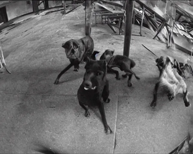 Prompt: camera footage of a Dozens of Feral Black Dogs with rabies in an abandoned shopping mall, high exposure, dark, monochrome, camera, grainy, CCTV, security camera footage, timestamp, zoomed in, Feral, fish-eye lens, Nightmare Fuel, Dog, Evil, Zerg, Brood Spreading, Motion Blur, horrifying, lunging at camera :4