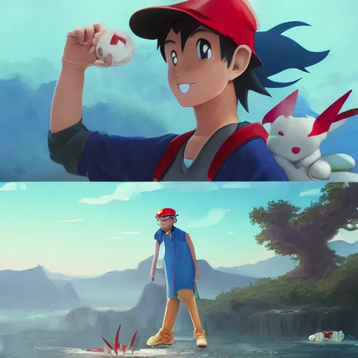 Prompt: a highly detailed matte illustration of ash ketchum and brock and misty in squid game, aerial photography, ultrawide lens, art by john collier and albert aublet and krenz cushart and artem demura and alphonse mucha, volumetric lighting, octane render, 4 k resolution, trending on artstation, masterpiece