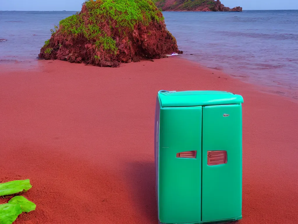 Image similar to purple refrigerator, red sand beach, green ocean, nebula sunset