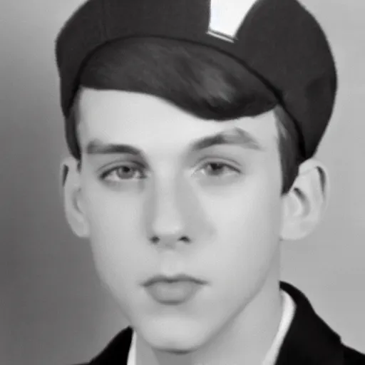 Image similar to a yearbook photo of Jughead Jones in 1966, he is wearing a hat that resembles a crown