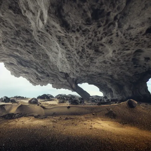 Prompt: Gentle rolling sand dunes, cave entrance, abandoned mineshaft, old wood, grey jagged rock, 4K, high detail, Fallen trees, darkness, water, cloudless sky, smoke rising in background, 8k ultra realistic, photography, high contrast, large field of view, colourful, shadows, octane render,