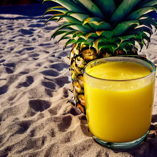 Prompt: pineapple juice chilling on the beach lying in a sun bed, realistic, hdr, clear image, hdd, dynamic lighting, rtx on,