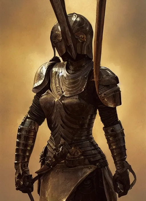 Image similar to medium-length portrait of a female knight with short curly hair and brown eyes, dark brown skin, happy expression, wears a combination of plate armor and boiled leather, medieval setting, highly detailed, digital painting, artstation, concept art, sharp focus, illustration, art by greg rutkowski and alphonse mucha