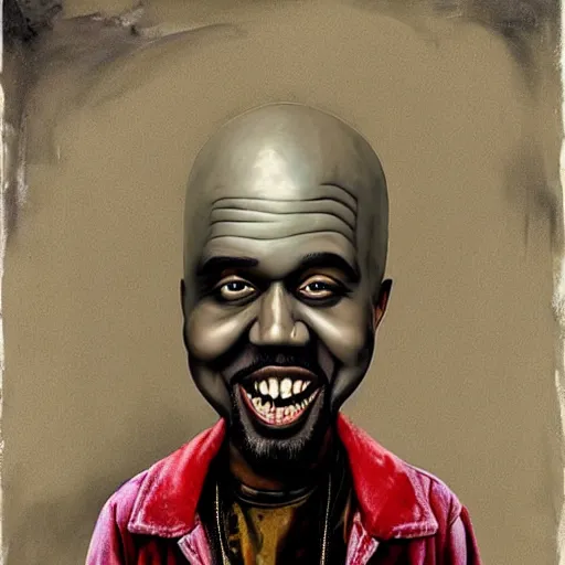 Image similar to grunge painting of kanye with a wide smile and a red balloon by chris leib, loony toons style, pennywise style, corpse bride style, horror theme, detailed, elegant, intricate