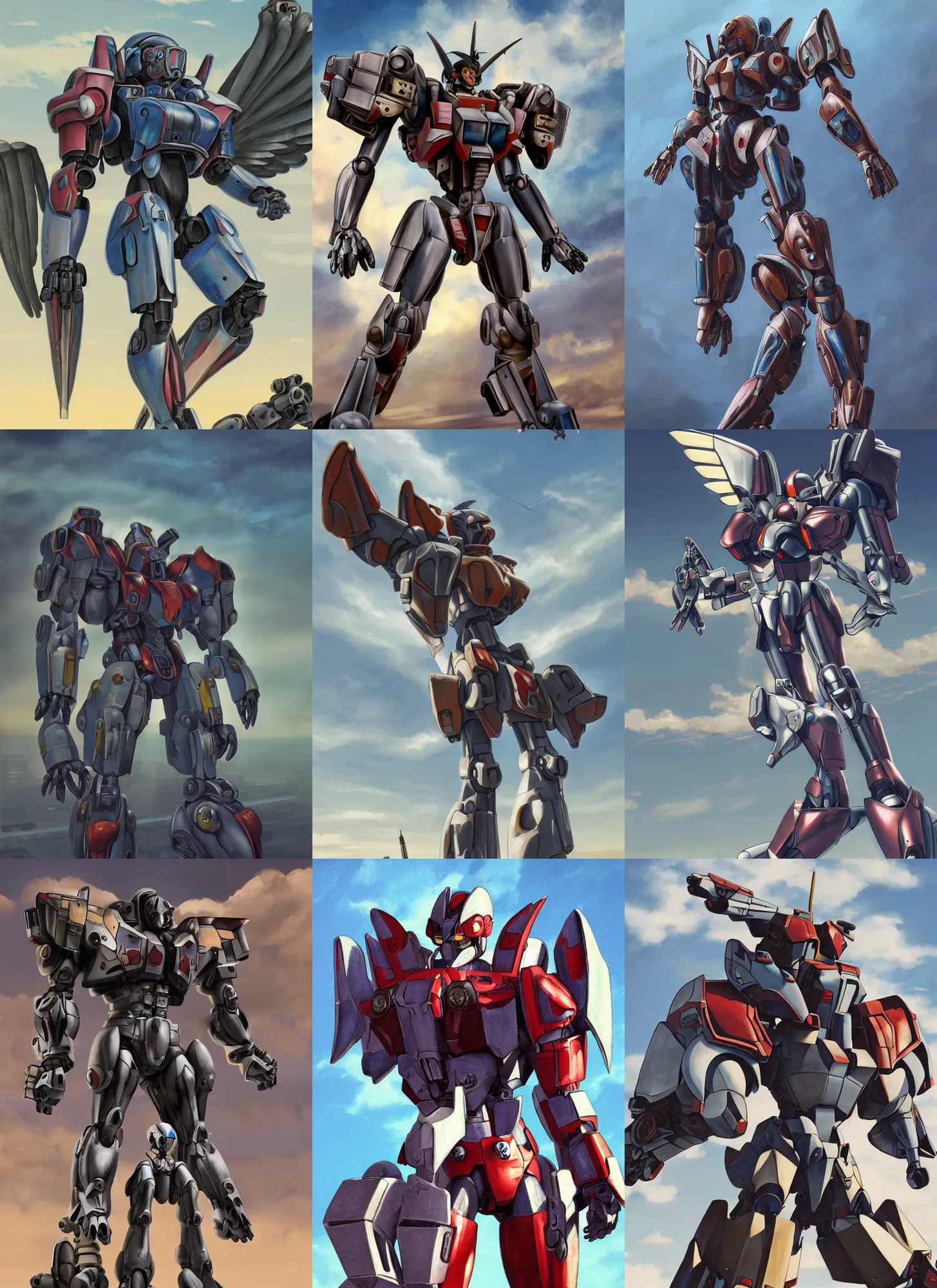 Prompt: big muscular female pilot standing on the shoulder of a mecha, wearing bubblegum crisis power armor, with large wings, flying into the sky, matte painting, brutalist painting, battle angel, single character full body, illustration, concept art, rule of thirds, centered, Very highly detailed, 8K, octane, Digital painting, the golden ratio, rational painting, sharp