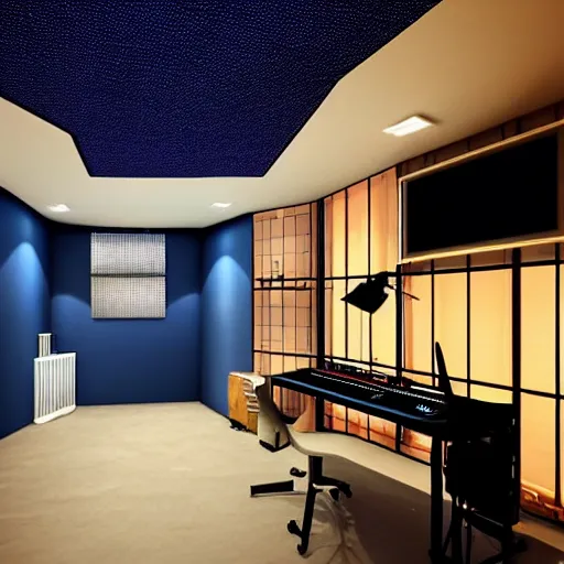 Image similar to a super cozy modern music studio at night with dark blue walls and ceiling leds, volumetric image beautiful composition