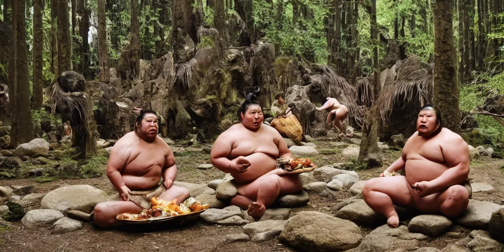 Prompt: photo, neanderthal people, sumo! japanese!, eating inside mcdonalds, gigantic forest trees, sitting on rocks, bright moon