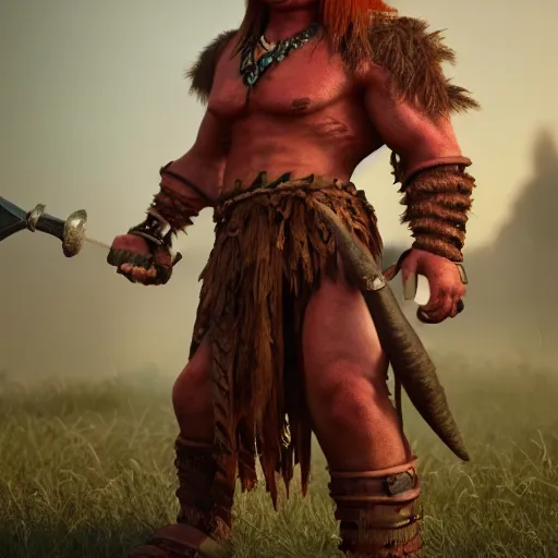 Image similar to beautiful redhead orc with warrior outfit, clash royal style characters, unreal engine 5, octane render, detailed, cinematografic, cinema 4 d