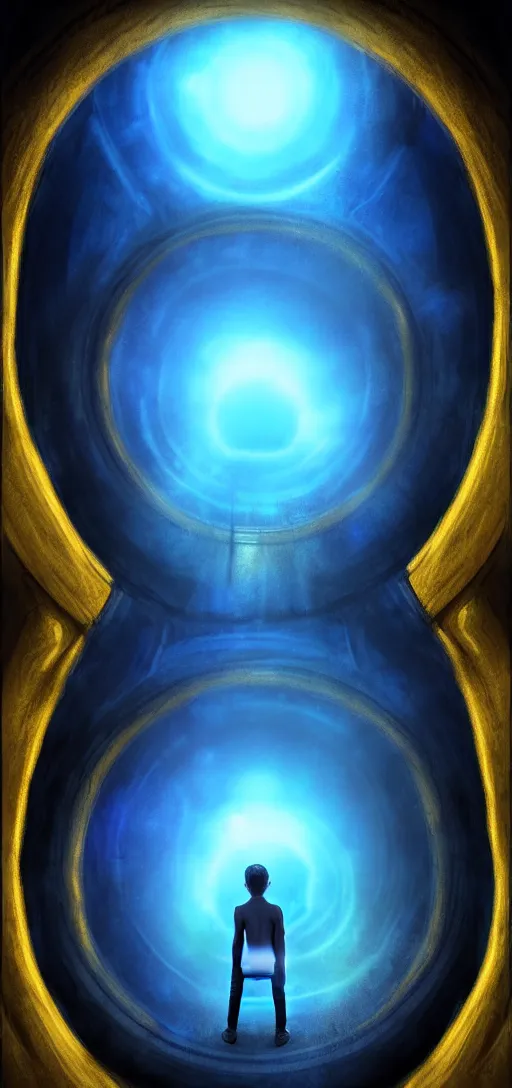 Image similar to The portal into his imagination. High concept art. Introspective. Blue black gold themed.