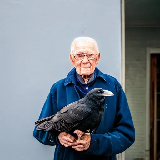 Image similar to an elderly man holding a raven, canon eos r 3, f / 1. 4, iso 2 0 0, 1 / 1 6 0 s, 8 k, raw, unedited, symmetrical balance, in - frame