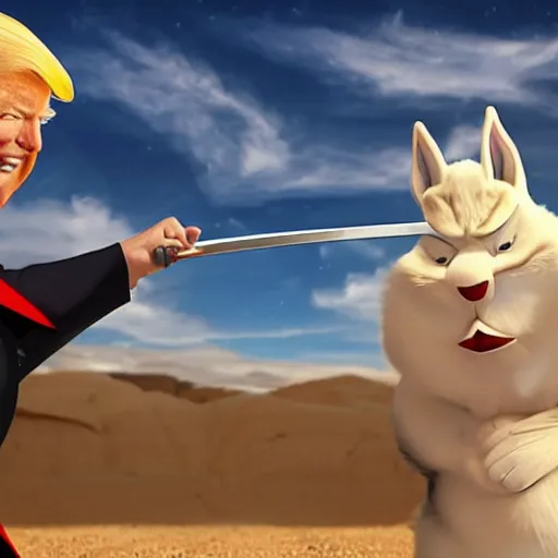 Image similar to cinematic shot of Donald Trump and Big Chungus having a sword fight in the sky in a desert, 8k, anime, highly detailed, highly intricate,