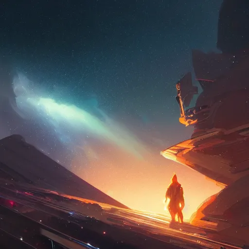 Image similar to thundering across the stars by andreas rochas, dan mumford, craig mullins, killian eng and makoto shinkai. 8 k, intricate details, illustration, dynamic lighting, unreal engine, featured on artstation, soft glow, lens flare