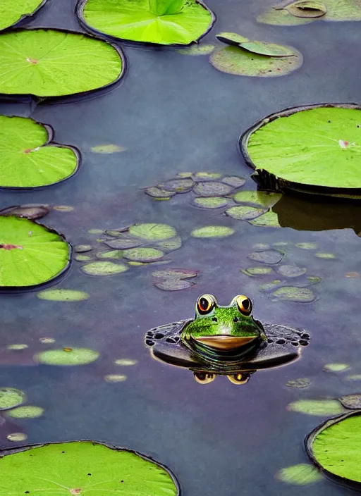 Image similar to close - up of a smiling frog in the pond with water lilies, medieval castle on background, shallow depth of field, highly detailed, autumn, rain, bad weather, ominous, digital art, masterpiece, matte painting, sharp focus, matte painting, by isaac levitan, asher brown durand,