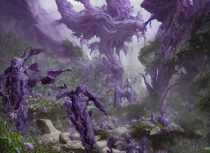 Prompt: Various purple weeds growing in a garden made of marble and crystals by Wayne Barlowe and Peter Mohrbacher, detailed, sharp, digital art, trending on Artstation