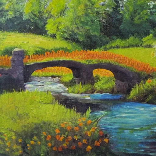 Image similar to Stone bridge over brook, pastoral scene. Summer, sunflowers. Oil on canvas, award winning