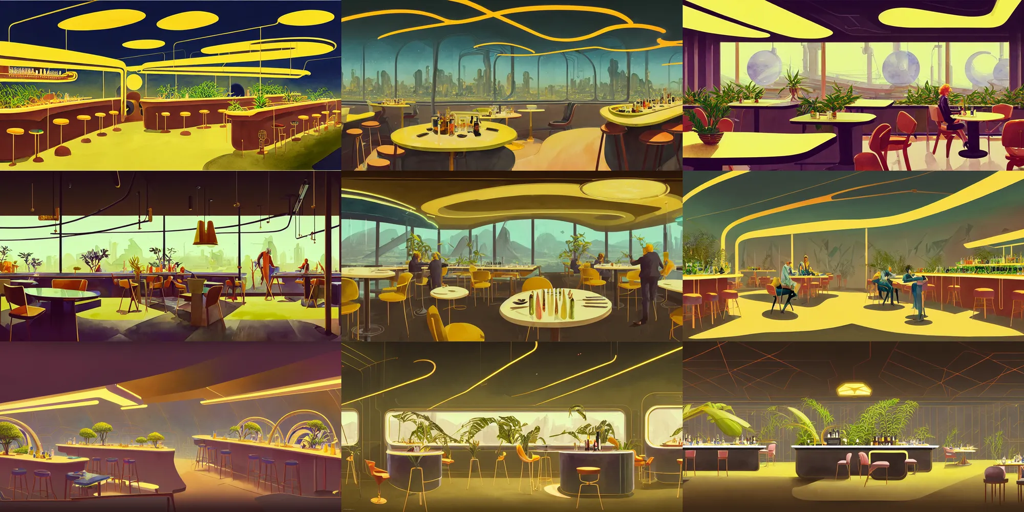 Prompt: a beautiful illustration of futuristic dining bar, retro, plants, big medium small, golden ratio, in watercolor gouache detailed paintings, in style of syd mead, trending on artstation, 8 k, panel, hard surface, vent, zaha hadid, props, cozy, decoration around the room, simon stalenhag, deus ex