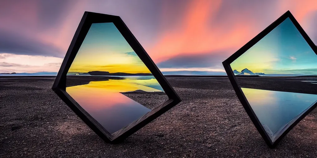 Image similar to futuristic angular minimalist sculpture made from deconstucted charcoal wood and mirrors, refracted, floating, iceland landscape photography sunset, by lurie belegurschi and gunnar freyr