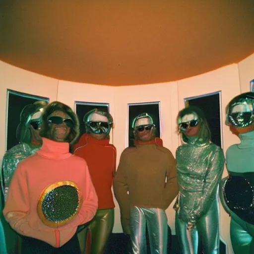 Image similar to first-person perspective view of people wearing shiny skiwear having a party inside of a 1970s luxury bungalow with infinity mirror on wall, at dusk, ektachrome photograph, f8 aperture