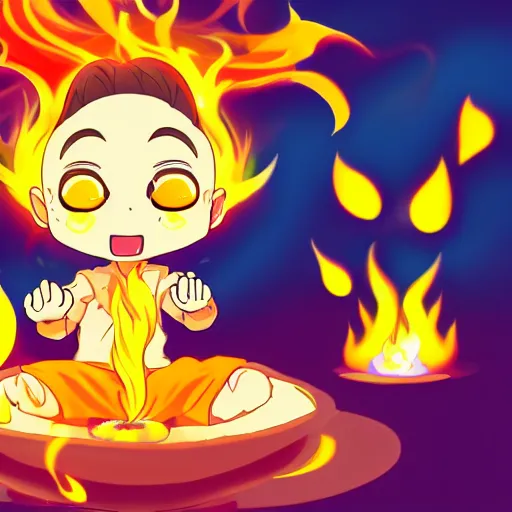 Image similar to anime style character of a piece of fluffy popcorn with a smiling face and flames for hair, sitting on a lotus flower, clean composition, symmetrical