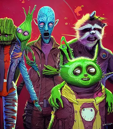 Image similar to Tim Burton style Guardians of the galaxy by Alex Pardee and Nekro and Petros Afshar, and James McDermott,unstirred paint, vivid color, cgsociety 4K