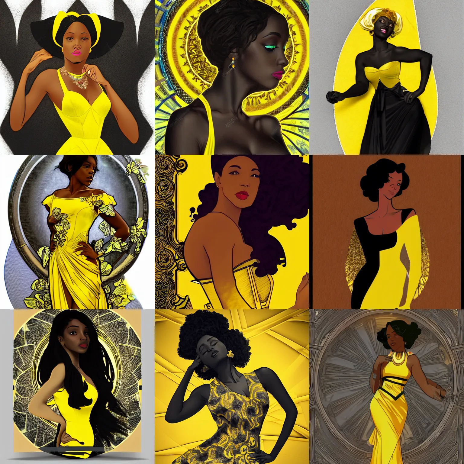 Prompt: beautiful black woman in yellow cutout dress with white trim, as seen on artgerm, octane render, in the style of alphonse mucha, ultra realistic, highly detailed, 8 k