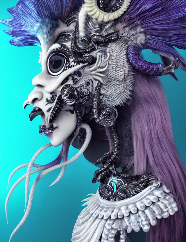 Image similar to 3 d goddess close - up profile portrait punk with mohawk with ram skull. beautiful intricately detailed japanese crow kitsune mask and clasical japanese kimono. betta fish, jellyfish phoenix, bio luminescent, plasma, ice, water, wind, creature, artwork by tooth wu and wlop and beeple and greg rutkowski