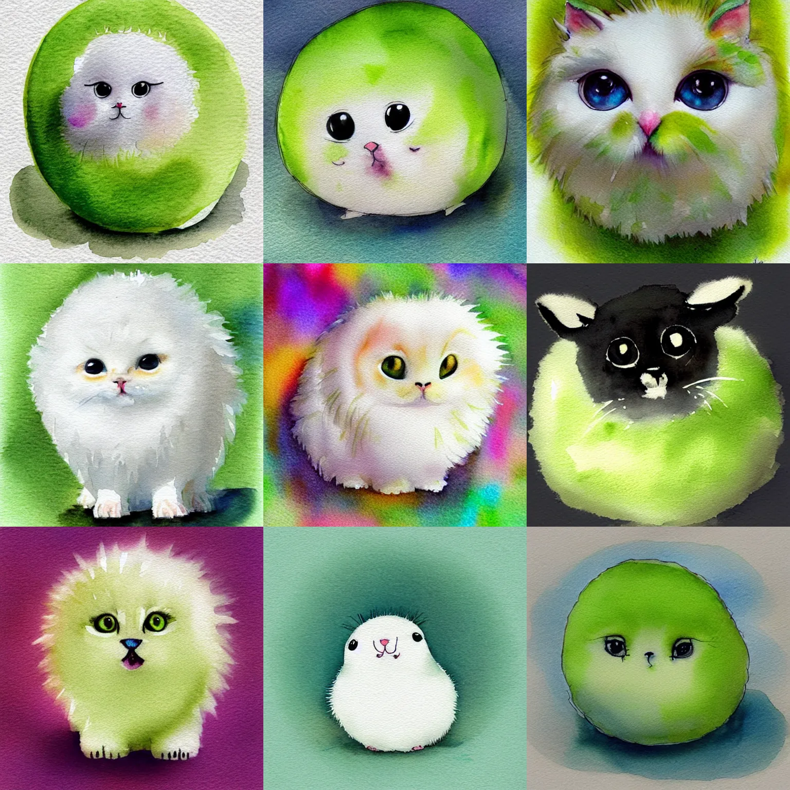 Prompt: lightly lime colored cute puff ball with adorable face, beautiful watercolor illustration, digital art