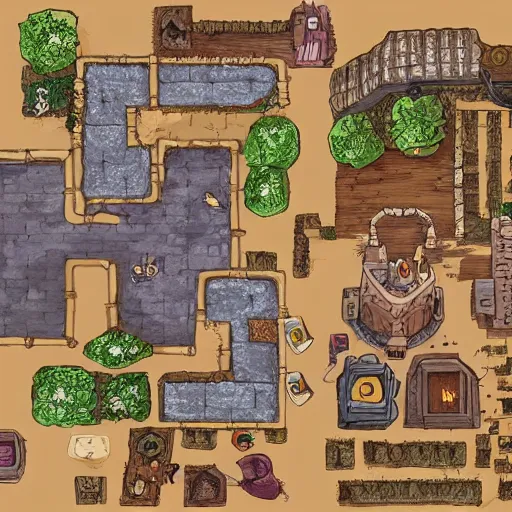 Prompt: An detailed vector art presenting an aerial view of a cartoonish tavern by dungeondraft, contaning tables and walls, dnd map , map patreon, fantasy maps, foundry vtt, fantasy grounds, aerial view ,dungeondraft , tabletop, inkarnate, dugeondraft, roll20