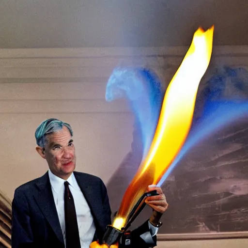 Prompt: photo of Jerome Powell using a flamethrower projecting a long flame. award-winning, highly-detailed