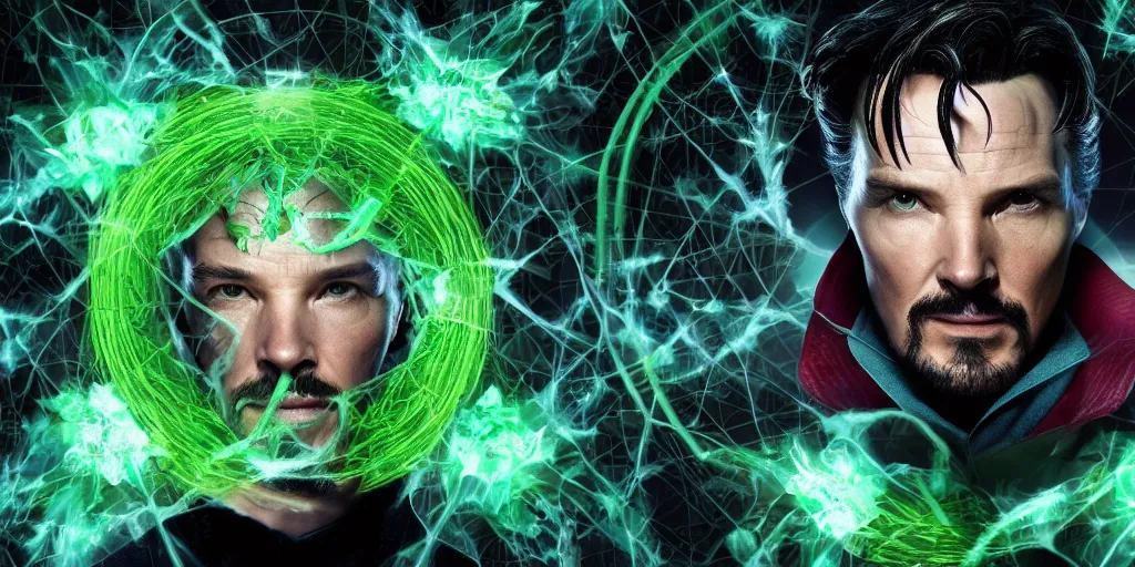 Prompt: doctor strange in black, marijuana, marijuana leaves, green light,, multiple dimensions, shattered glass, refractions, highly detailed, cinematic by francis tneh, marvel cinematic universe, mcu, photo