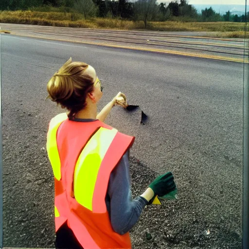 Image similar to emma watson in a hi vis vest picking up trash on the side of the interstate, portrait, kodak gold 2 0 0,