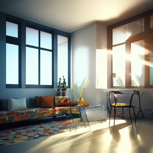 Prompt: rays of the sun shining through the window. very beautiful, warm shiny colors, octane render