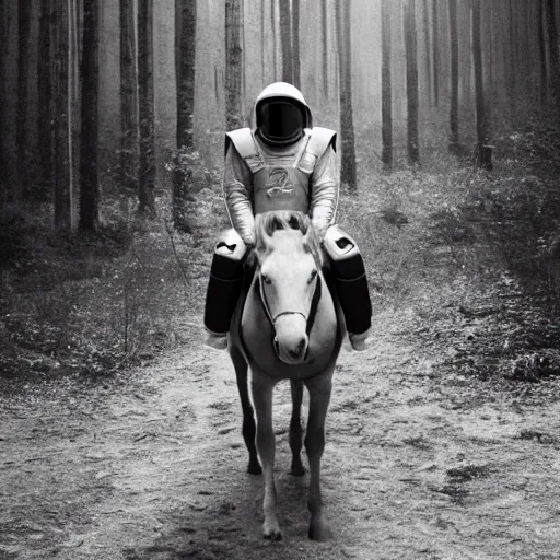 Image similar to Kanye West in space suit riding a horse in the forest, 35mm, photorealistic, studio light, noire