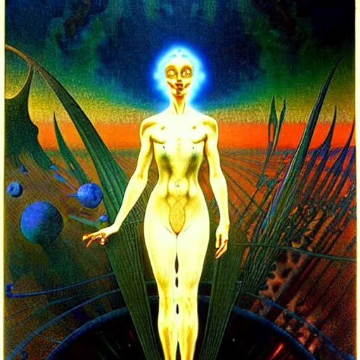 Image similar to realistic extremely detailed portrait painting of a glowing silhouette, futuristic sci-fi landscape on background by Jean Delville, Amano, Yves Tanguy, Alphonse Mucha, Ernst Haeckel, Edward Robert Hughes, Roger Dean, rich moody colours, blue eyes