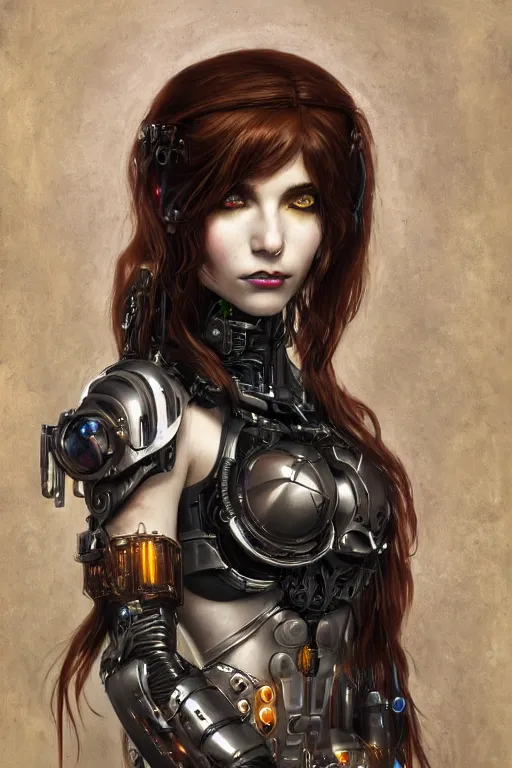 Image similar to portrait of beautiful young gothic cyborg maiden, cyberpunk, Warhammer, highly detailed, artstation, illustration, art by Gustav Klimt